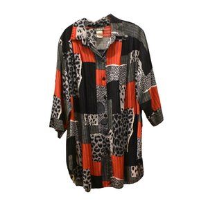 Vintage Women's MC Red Black Gray Patchwork Animal Print Blouse 1X